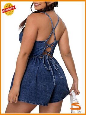 Plus Size Lace Up Backless Denim Romper Jean Shorts Jumpsuit